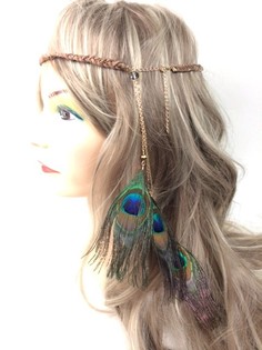 Diadema Trenzada Marr&oacute;n con Plumas de Pavo Real | Estilo Ibiza Boho (1 ud)