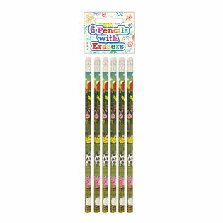 Set de 6 Lápices y Borradores de Animales de la Granja - Expositor (24 Sets)